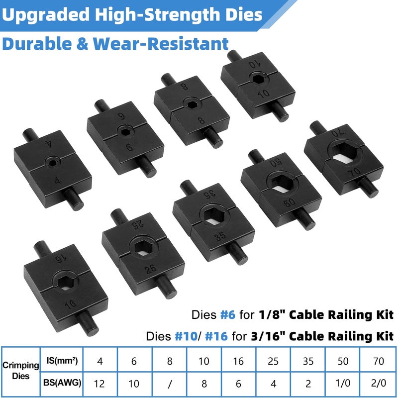 Toscoco Upgraded Hydraulic Crimping Tool for 1/8"" 3/16"" Stainless Steel Cable Railing Kits  Hand Hydraulic Crimper with Return Spring  Reinforced Unbreakable Head and 9 Pairs Black Oxide Coated Dies - Image 3